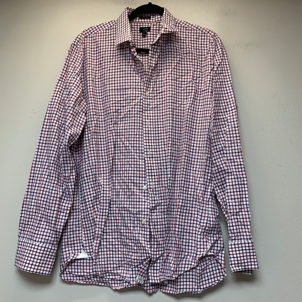 J.Crew Ludlow Shirt Mens Large White Navy Red Excellent 120s 2-Ply Cotton Check
